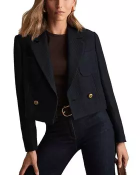 Укороченный двубортный текстурированный блейзер Mia в цвете Navy REISS, Укороченный двубортный фактурный блейзер Mia, темно-синий REISS