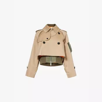 Укороченный двубортный жакет из хлопковой смеси Sacai, бежевый