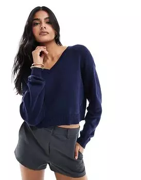 Укороченный джемпер Pacsun cassandra с v-образным вырезом темно-синего цвета