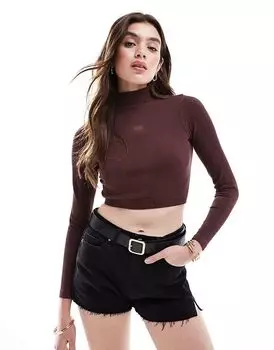 Укороченный джемпер с длинными рукавами в рубчик цвета красного дерева Hera