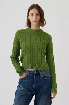 Укороченный джемпер с круглым вырезом из 100% хлопка с косичной вязкой Gap, зеленый