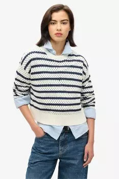 Укороченный джемпер в полоску, связанный крючком Superdry, белый