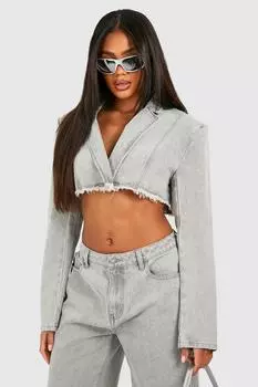 Укороченный джинсовый пиджак с потертым краем boohoo, серый