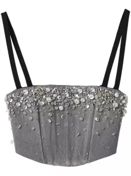 Укороченный джинсовый топ с кристаллами MIU MIU, серый