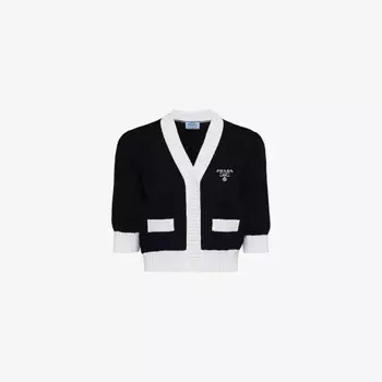 Укороченный хлопковый кардиган с вышитым логотипом Prada, черный