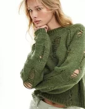 Укороченный хлопковый свитер цвета хаки с косой лесенкой ASOS DESIGN