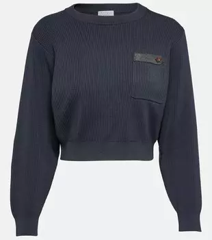 Укороченный хлопковый свитер в рубчик BRUNELLO CUCINELLI, синий