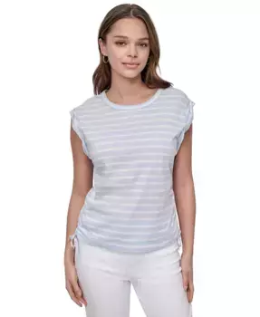 Укороченный хлопковый топ без рукавов с драпировкой и завязками по бокам Petite Cotton Ruched Side-Tie Sleeveless Tee DKNY Jeans, синий