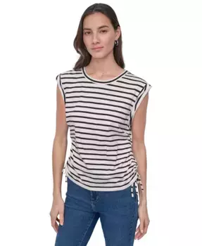 Укороченный хлопковый топ без рукавов с драпировкой и завязками по бокам Petite Cotton Ruched Side-Tie Sleeveless Tee DKNY Jeans, слоновая кость/кремовый