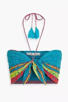 Укороченный хлопковый топ Livia с воротником-халтер и воротником-хомутом из английской вышивки ALICE + OLIVIA, бирюзовый