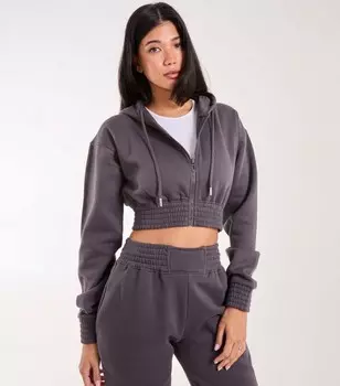 Укороченный худи на молнии из хлопковой смеси розового, ванильного и темно-серого цвета Pink Vanilla, темно-серый