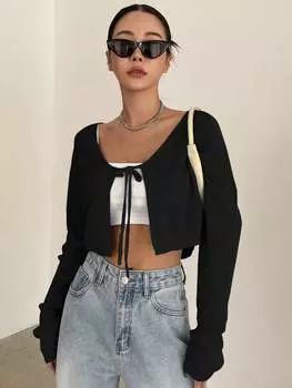 Укороченный кардиган DAZY с бантом спереди, черный цвет