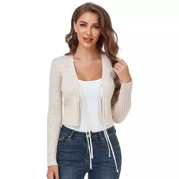Укороченный кардиган для женщин, повседневный вязаный свитер с v-образным вырезом и завязками, открытый передний свитер MISSKY, цвет Apricot