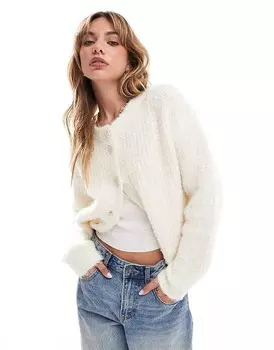 Укороченный кардиган фактурной вязки из смесовой шерсти кремового цвета 4th & Reckless