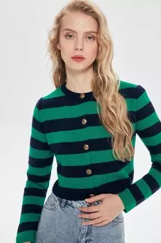Укороченный кардиган на пуговицах в полоску, темно-зеленый QUZU