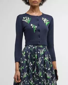 Укороченный кардиган с рукавами 3/4 и цветочной вышивкой бисером Carolina Herrera, цвет Midnight Multi