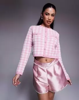 Укороченный кардиган в клетку River Island светло-розового цвета