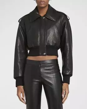 Укороченный кожаный бомбер-авиатор Alexander McQueen, цвет Black