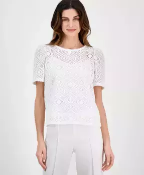 Укороченный кружевной топ с короткими рукавами-фонариками Petite Crewneck Short-Puff-Sleeve Lace Top Anne Klein, белый