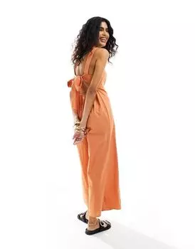 Укороченный льняной комбинезон ржавого цвета с завязками на спине ASOS DESIGN