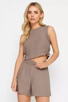 Укороченный льняной топ мокко с завязками на подоле Pixiegirl Petite, коричневый