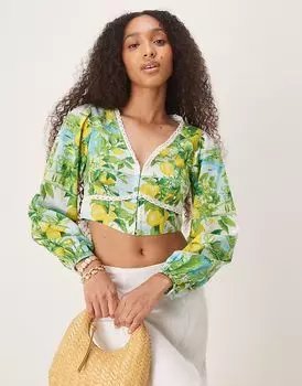 Укороченный льняной топ Nobody's Child Odetta с принтом в виде лимона