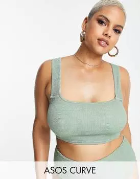 Укороченный лиф бикини цвета хаки с жатым квадратным вырезом ASOS DESIGN Curve Mix and match