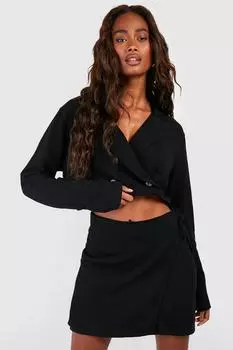 Укороченный пиджак строгого кроя из льняного микса boohoo, черный