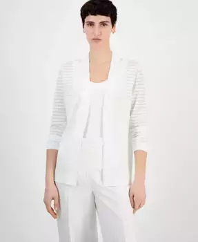 Укороченный прозрачный кардиган с полосками и открытой застежкой Petite Sheer Striped Open-Front Cardigan Sweater Anne Klein, белый