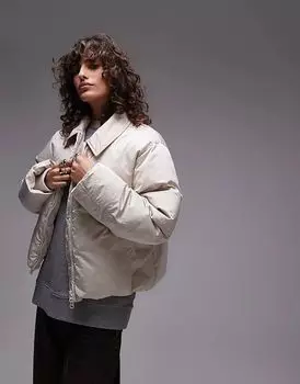 Укороченный пуховик с воротником в каменном цвете Topshop