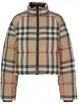 Укороченный пуховик в клетку Vintage Check BURBERRY, коричневый