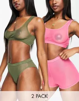 Укороченный сетчатый бюстгальтер Topshop цвета хаки и ярко-розового