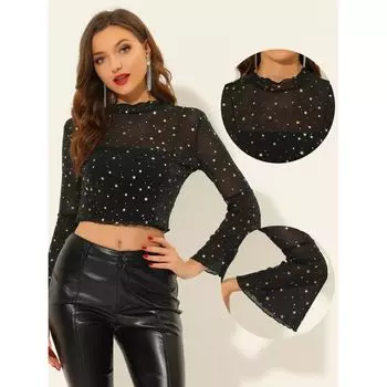 Укороченный сетчатый топ для женщин с узором рождественских звезд и блестящей прозрачной блузкой ALLEGRA K