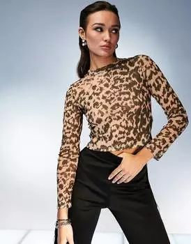 Укороченный сетчатый топ с анималистичным принтом ASOS DESIGN - BROWN