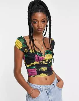 Укороченный сетчатый топ с цветочным принтом и рюшами ASOS DESIGN