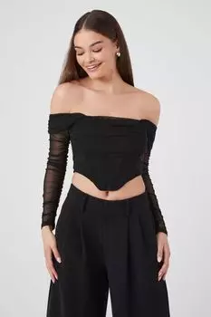 Укороченный сетчатый топ с открытыми плечами Forever 21, черный