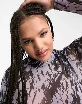 Укороченный сетчатый топ с высоким воротником Noisy May Curve в лилово-черном графическом принте