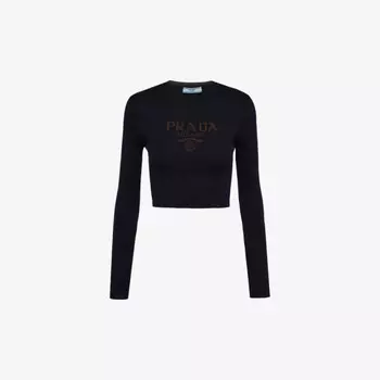 Укороченный шелковый джемпер с логотипом-интарсией Prada, синий