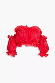 Укороченный шелковый топ с открытыми плечами и цветочным принтом CAROLINA HERRERA, красный