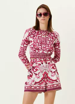Укороченный шелковый трикотаж майолика фуксия с круглым вырезом Dolce&Gabbana