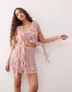 Укороченный шифоновый топ Amy Lynn с оборками и складками в цвете рыжевато-коричневый