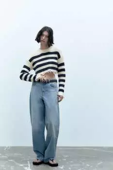 Укороченный свитер из трикотажа в полоску ZARA, в полоску