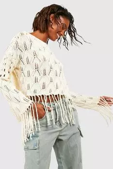 Укороченный свитер с кистками крючком Boohoo, экру