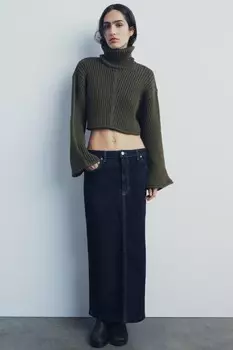 Укороченный свитер с ребристой вязкой ZARA, хаки