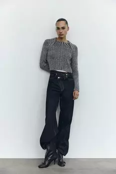 Укороченный свитер с ребристой вязкой ZARA, синий/индиго