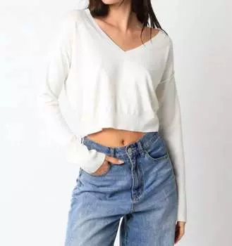 Укороченный свитер с V-образным вырезом белого цвета OLIVACEOUS