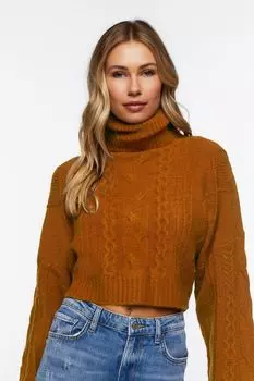Укороченный свитер с высоким воротником косой вязки Forever 21, коричневый