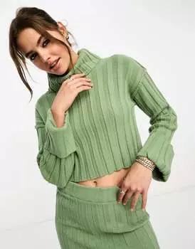 Укороченный свитер с высоким воротником в рубчик цвета хаки ASOS DESIGN — часть комплекта