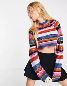 Укороченный свитер смешанной вязки с ярким полосатым принтом ASOS