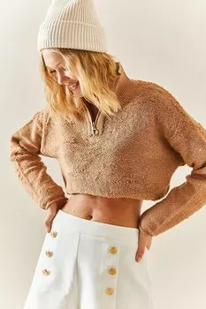 Укороченный свитер Teddy с застежкой-молнией цвета Camel 3YXK3-47548-53 XHAN